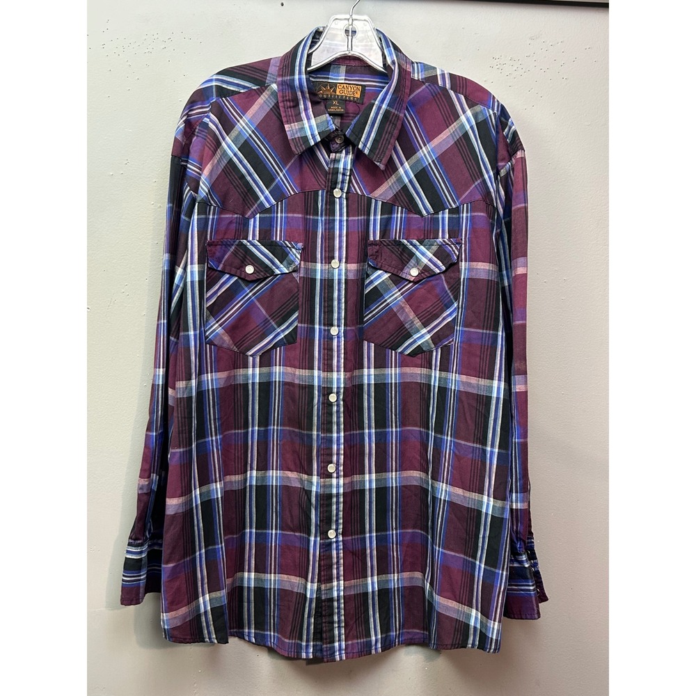 Canyon Guide Outfitters Western Shirt Men XL Purple Plaid Pearl Snap Long Sleeve